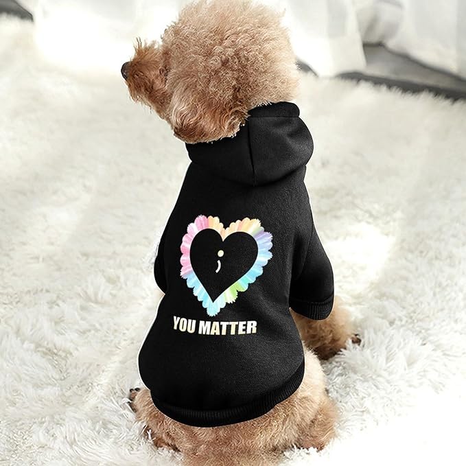 Dog Sweater Hoodie with Hat Colorful Heart Semicolon You Matter Puppies Coat Hooded Sweatshirt Pullover Pet Puppy Cat Clothes for Small Medium Large S