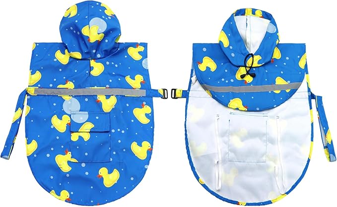 DELIFUR Large Dog Raincoat- Waterproof Dog Rain Poncho Adjustable Double Layer Rain Jacket with Hood for Medium Large Dogs Designed with Leash Hole Reflective Strip and Ducks (Blue Duck, XXX-Large)