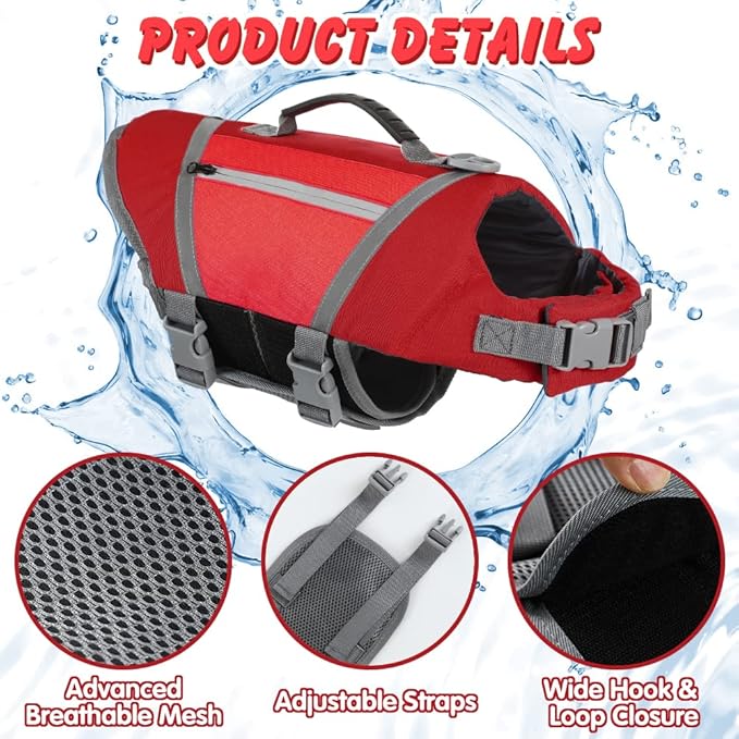 EMUST Dog Life Vests for Boating, Water-Resistant Dog Swimming Vest with Rescue Handle, Comfortable Fit Dog Life Jacket Medium with D-Ring for Rafting, Surfing, Canoeing, Red, M