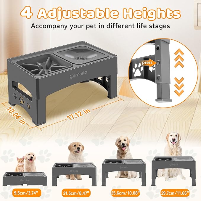 Elevated Slow Feeder Dog Bowls with No Spill Water Bowl, Raised Bowl for Large Medium Small Dogs, Food Stand Splash Guard, 4 Heights 3.7'', 8.5'', 10.1'', 11.7'', Grey (GW03)