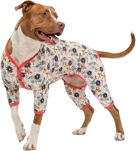 LovinPet Extra Large Dog Body Suit - Pet Anxiety Relief Shirt, Anti Licking Dog Onesie, Lightweight Fabric, Snapdragon Print, Pjs for Large Dogs, Dog Clothes for Pitbull,3XL