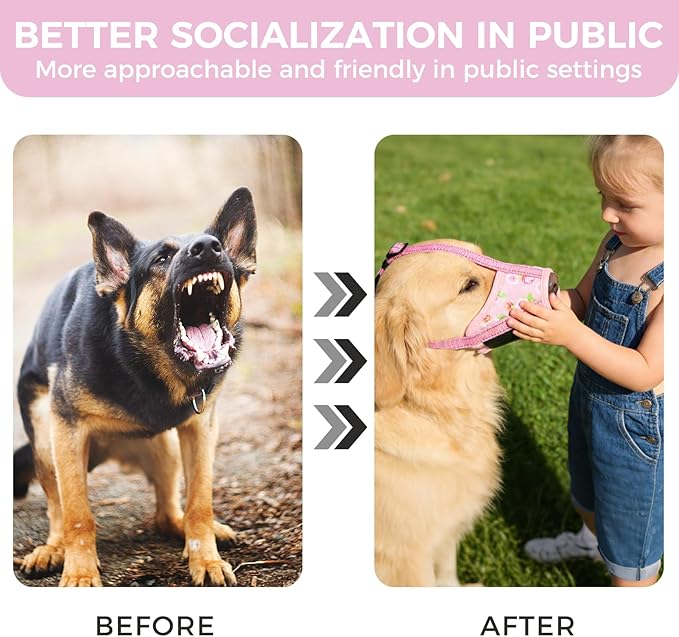 PAWCHIE Dog Muzzle, Soft Muzzle Anti Biting Barking Chewing, Comfortable Air Mesh Mouth Guard Breathable Adjustable Loop Pets Muzzle for Small Medium Large Dogs,Allows Panting Drinking,Pink Flowers M