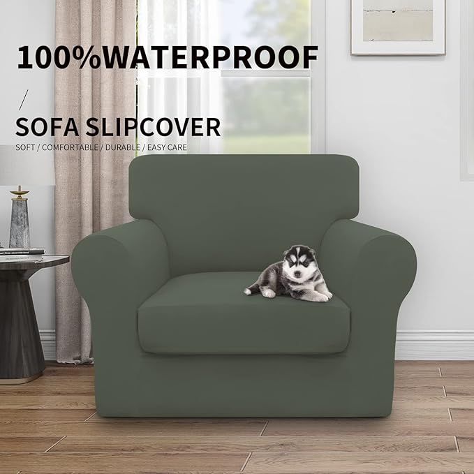 Easy-Going 100% Dual Waterproof 2 Pieces Chair Cover Stretch Soft Couch Cover for Dogs, Sofa Slipcover for 1 Separate Cushion Couch Leakproof Furniture Protector for Kids, Pets Grayish Green