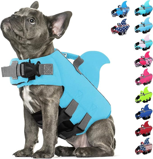 SUNFURA Dog Life Jacket Shark Life Vest for Dogs, Adjustable Swmming Vest with High Buoyancy, Safety Lifesaver with Rescue Handle for French Bulldog Small Medium Breeds, Blue S