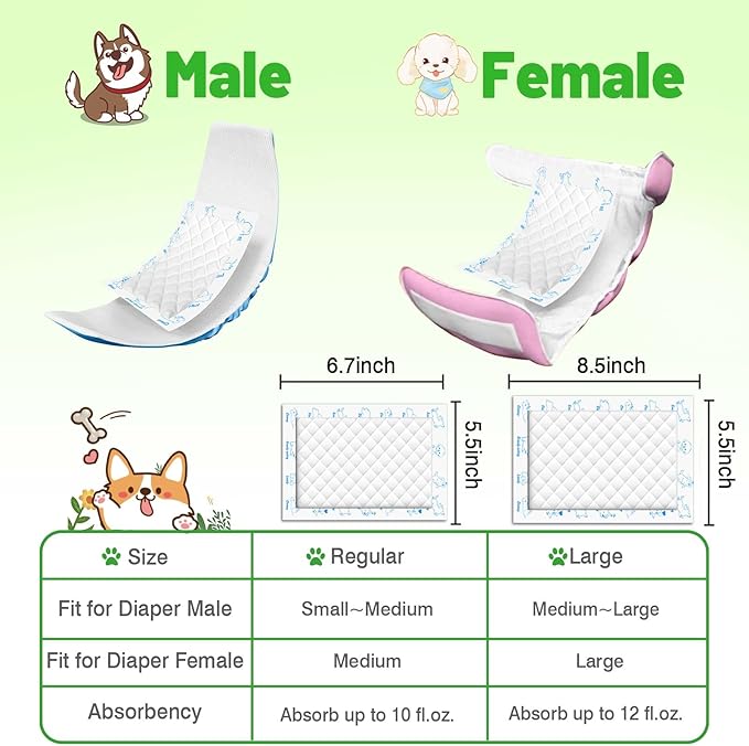Dog Diaper Liners Booster Pads, 100ct Disposable Dog Diapers Inserts Male Female for Washable Doggie Belly Bands Wraps Covers Period Panties(Large)