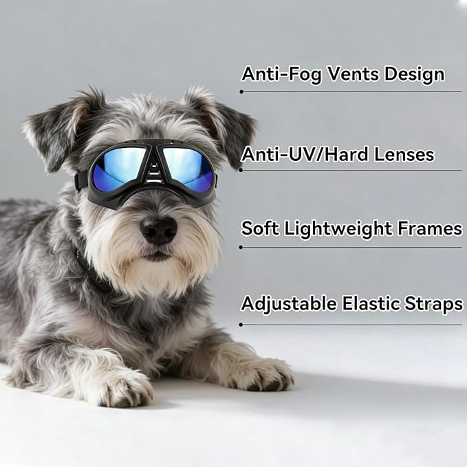 Namsan Dog Goggles Small Breed, Wide Snout & Soft Frame, Tactical Driving Sunglasses for Dogs Small to Medium Breed, Anti-UV Dog Eye Protection, Windproof Dustproof, Adjustable, Blue Lens