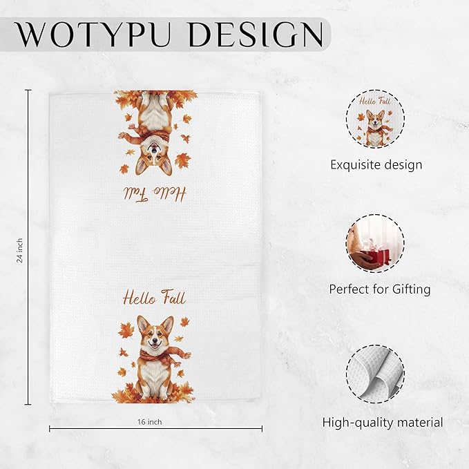 Fall Corgi Kitchen Towels, Corgi Lover Gifts Dish Tea Towel for Kitchen Decor, Farmhouse Fall Autumn Maple Leaf Dog Hand Towels for Bathroom Decor,16X24 Inch
