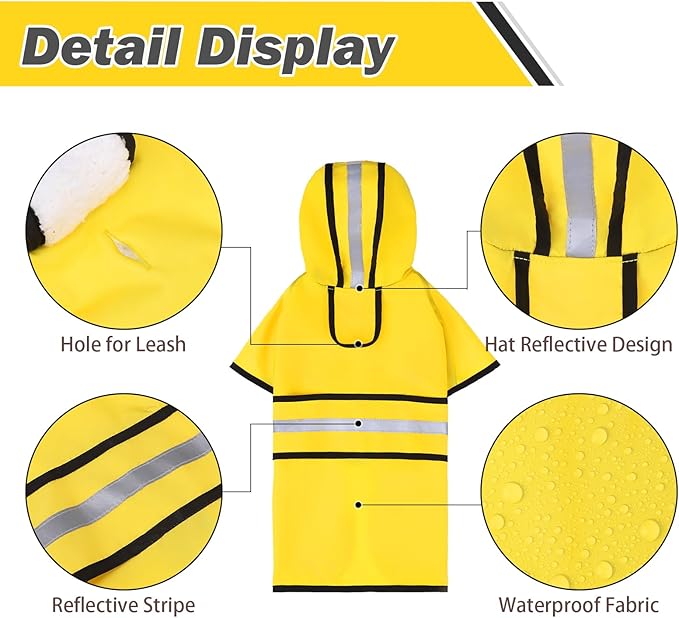 KOOLTAIL Winter Dog Raincoat Hooded Slicker Poncho with Leash Hole, Thick Fleece Rain Coats for Small Medium Dogs Puppy, Windproof Plush Warm Pet Rain Jacket with Reflective Adjustable Strip, Yellow S