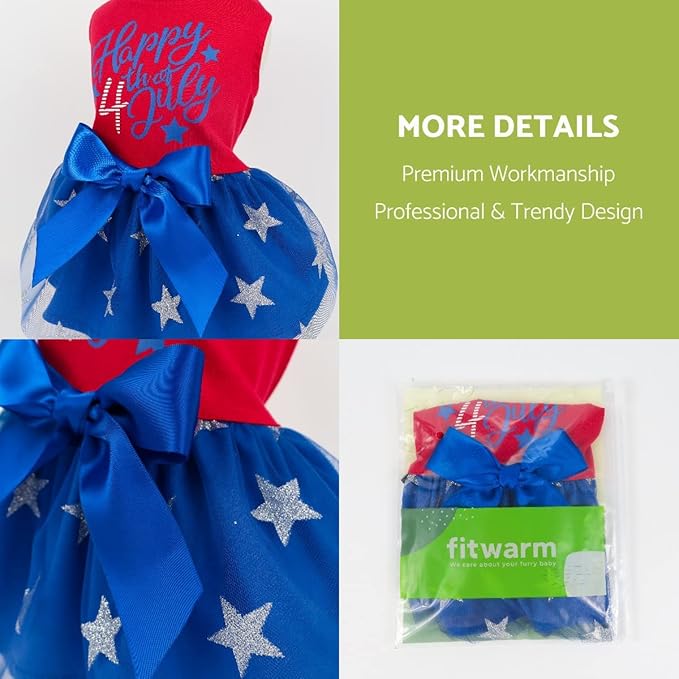 Fitwarm Happy 4th of July Dog Tulle Dress, Patriotic Dog Clothes for Small Dogs Girl, Red and White Star Pet Outfit, Red, Royal Blue, XXSmall