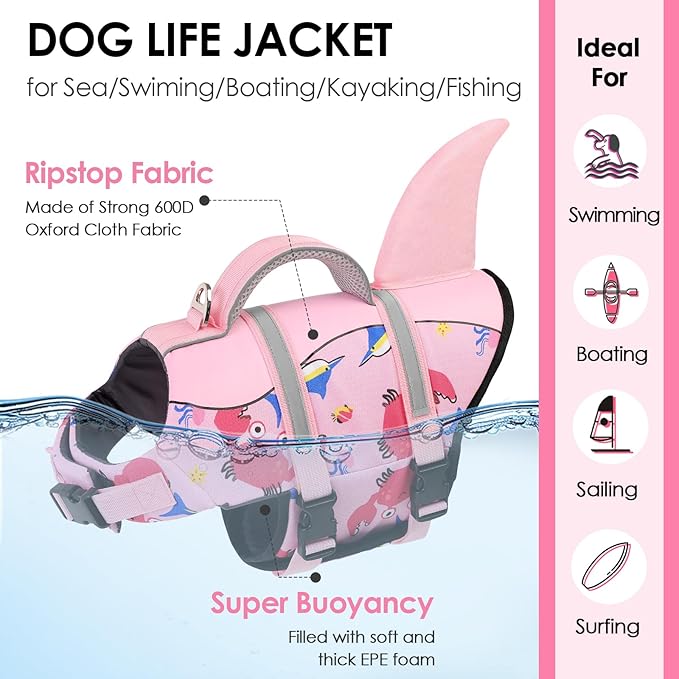 AOFITEE Dog Life Jacket, Dog Life Vest for Swimming, Shark Dogs Swimming Vest with Rescue Handle and Reflective Stripe, Ripstop Pet Float Coat Swimsuit Lifesaver Small Medium Large Dogs Pink XL