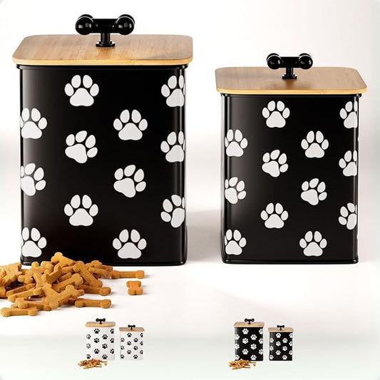 Dog Treat Container Airtight Set of 2 - 8x6 & 7x5 inch Iron Dog Treat Jars for Kitchen Counter with Airtight Bamboo Lids - 20 Cup Capacity Pet Treat Container Set - Doggie Cookie Jar - Treats Canister