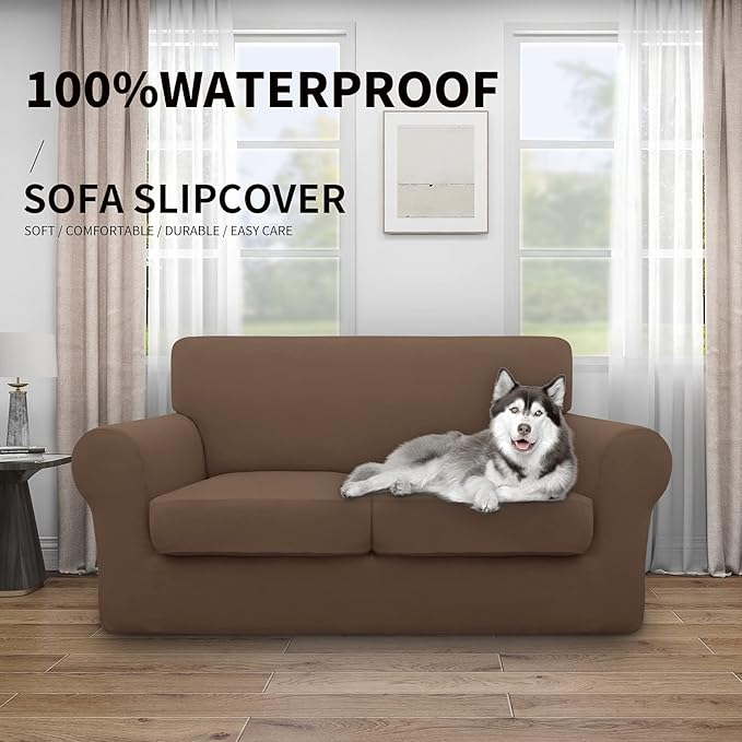 Easy-Going 100% Dual Waterproof 3 Pieces Loveseat Cover Stretch Soft Couch Cover for Dogs, Sofa Slipcover for 2 Separate Cushion Couch Leakproof Furniture Protector for Kids, Pets Brown