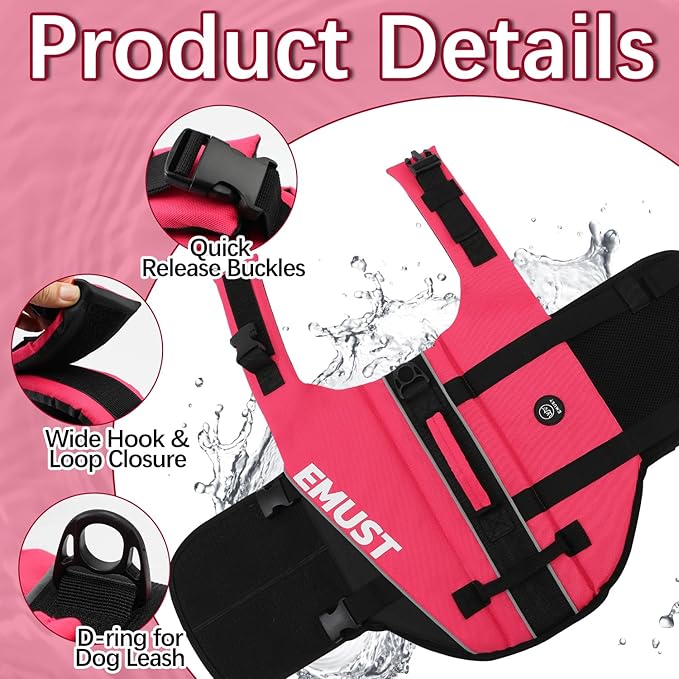 EMUST Dog Life Jacket, Dogs Life Vests for Swimming, Beach Boating Pool with High Buoyancy, Bright Color Dog Flotation Vest, Rosepink, L