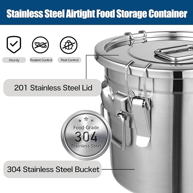 20 Lbs Stainless Steel Dog Food Storage Containers with Airtight Lid and Locking Clamp, Large Metal Dog Food Bin, Pet Food Storage Container for Dogs, Cats & Birds, Keep Fresh