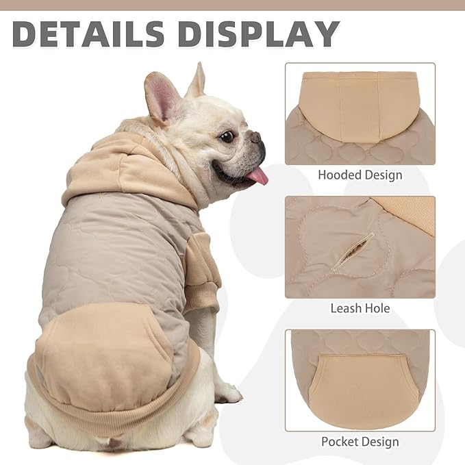 KOOLTAIL Warm Dog Winter Coat for Small Dogs, Waterproof Puppy Jacket with Leash Hole, Cold Weather Pet Vest for Winter, Soft Pet Hoodie Sweater Sweatshirt Clothes for Puppy Cats Girls Boys Beige L