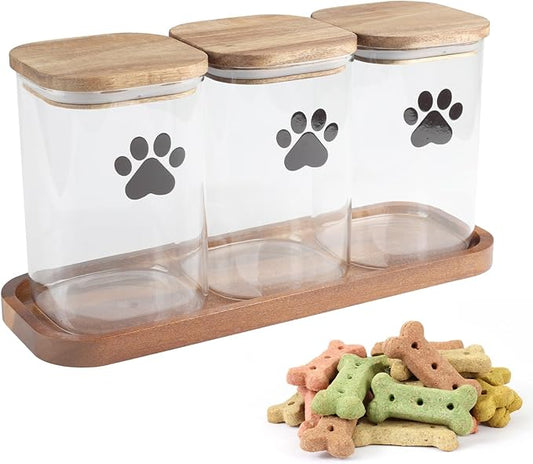 Morezi Dog Treat Container airtight Treats jar for countertop Closet Dog Food Storage 3 Jars with Tray Great for organizing pet Dogs Cats Birds Animal Food Treats Snack Khaki Bar