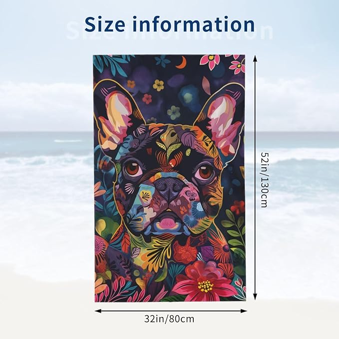 Colorful French Bulldog Beach Towel 31inx51in, Floral Dog Sand-Free Microfiber Bath Towel Ultra Soft Quick Dry Pool Towel Absorbent Towel Lightweight Towel for Swimming Bathroom Decor