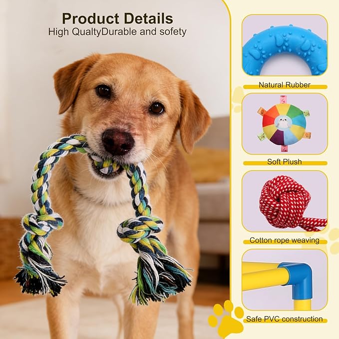 Upgraded Puppy Play Gym with 14 Hanging Toys -Small Dogs Indoor Jungle Gym-Adjustable PVC Frame, Teething & with Mental Stimulation