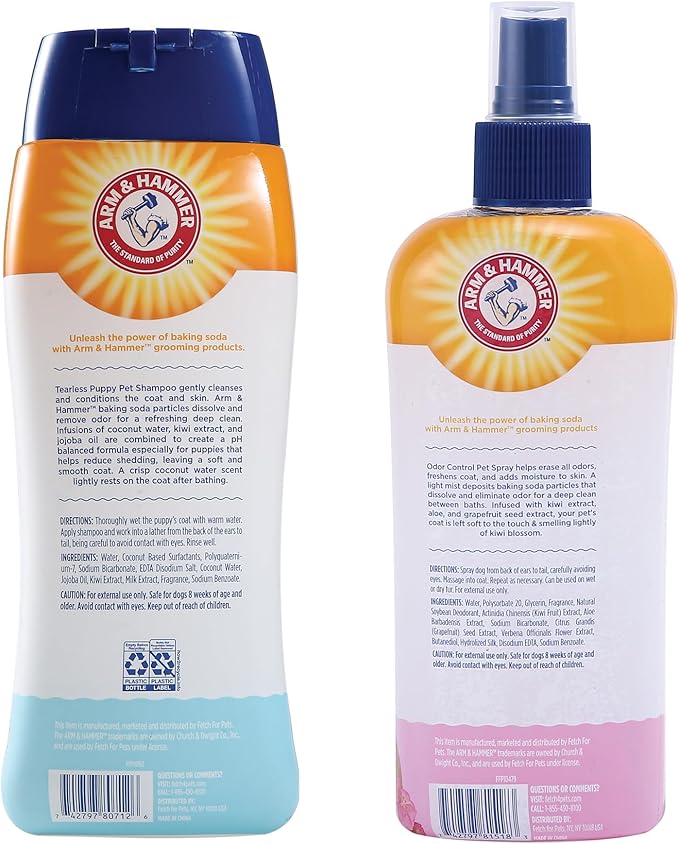 Arm & Hammer Tearless Puppy Shampoo & Super Deodorizing Spray Bundle – Gentle Coconut Water Dog Shampoo, 20 Fl Oz & Kiwi Blossom Odor Eliminating Spray for Dogs & Puppies, 8 Fl Oz