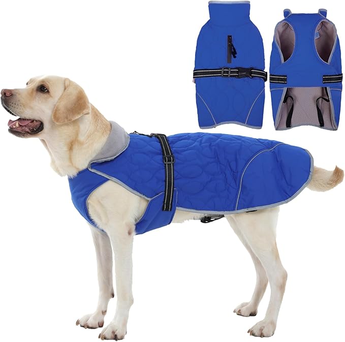 IDOMIK Dog Winter Jacket, Adjustable Waterproof Dog Warm Coat with Fleece Lining, Turtleneck Windproof Cold Weather Coats for Winter, Reflective Warm Snow Jacket for Labrador Golden Retriever,Blue,XL