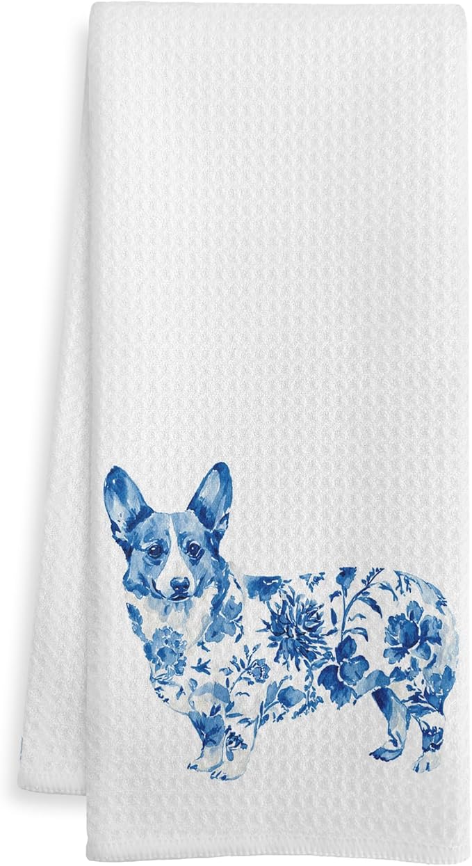 Blue and White Chinoiserie Corgi Kitchen Towels, Corgi Gifts for Women Mom Dish Tea Towels, Dog Lover Gifts Decorative Hand Towel for Bathroom, 16x24 Inch