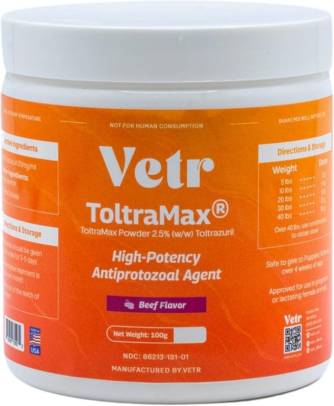Vetr's Toltramax 2.5% Toltrazuril Powder for Dogs, Cats, Horses, Anti-Coccidia, Antiprotozoal Agent, Safe for Puppies, Kittens, and Pregnant Animals, 100g (Beef Flavored)