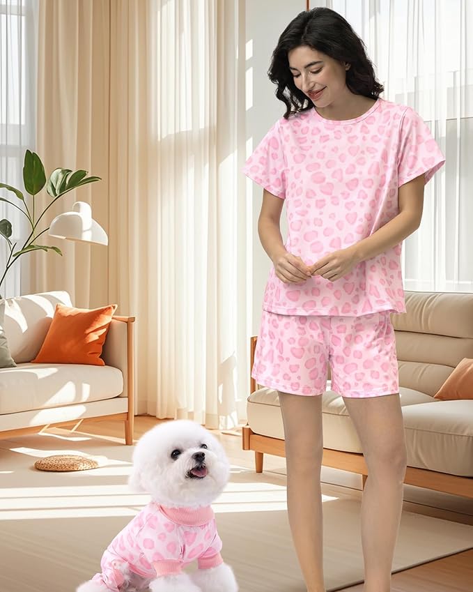 XPUDAC Matching Dog and Owner Clothes Womens Pajama Set Loungewear Short Sleeve Tee and Shorts, Owner and Pet Pajamas Are Sold Separately Leopard