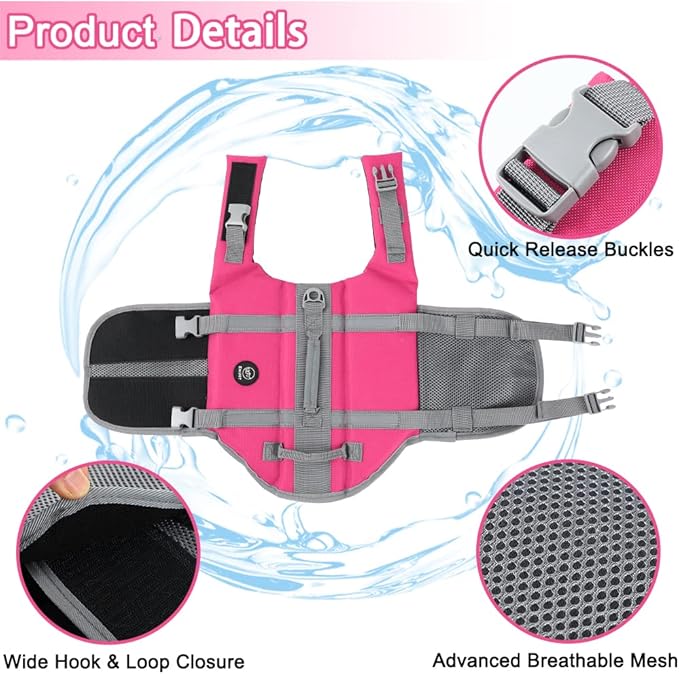 EMUST Dog Life Jacket, Lightweight Dog Life Vests with Rescue Handle for Small Medium and Large Dogs, Pet Safety Swimsuit Preserver for Swimming Pool Beach Boating, 2XL, NewSolidpink