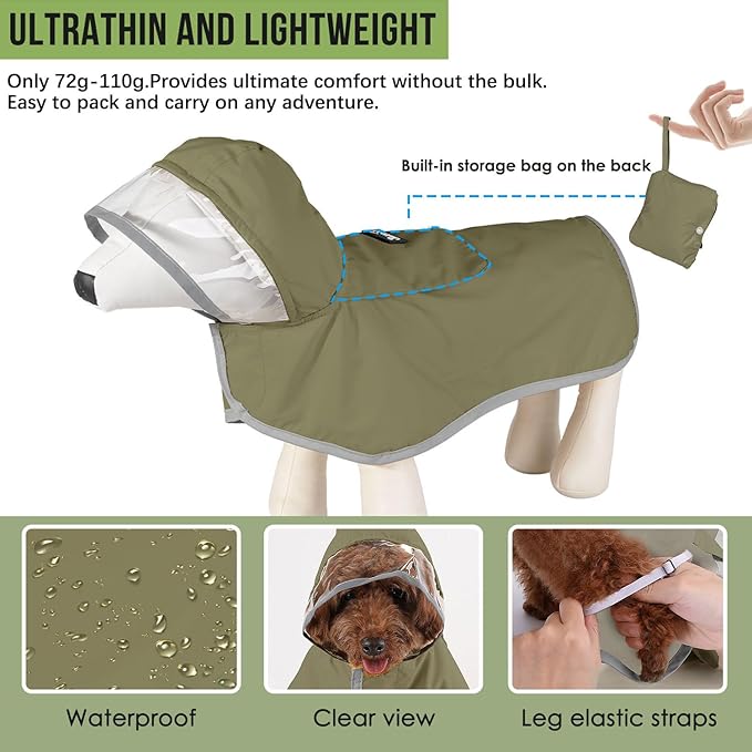 Lukovee Dog Raincoat - Lightweight Hooded Dog Rain Coat for Large Medium Small Dogs, Adjustable Poncho Jacket with Reflective Stripes & Built-in Storage Pocket (Green, Large)