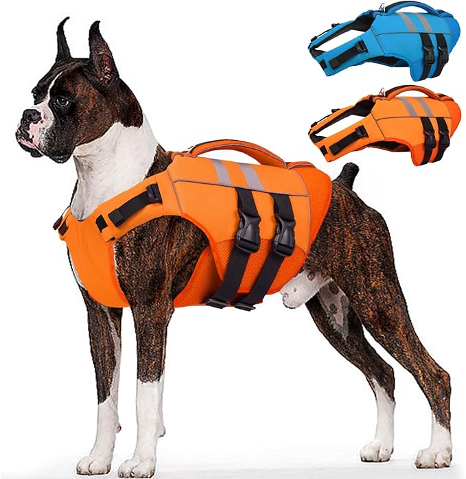 Kuoser XXL Dog Life Jacket, High Flotation Large Dogs Life Vest for Swimming Boating, Reflective Puppy Water Vest Pet Life Preserver with Rescue Handle, Orange XXL