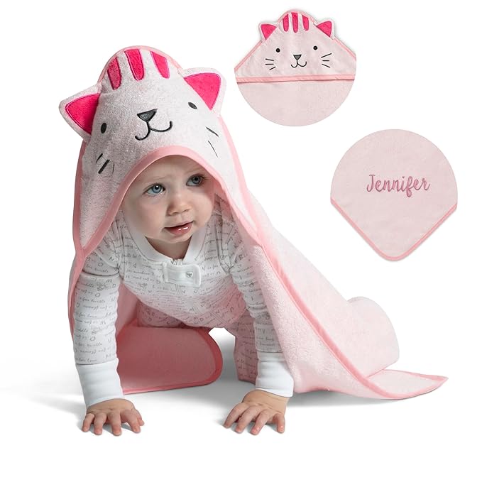 Delta Children Personalized Baby/Infant Hooded Bath Towel - Super Soft and Absorbent- Newborn Essential - Ideal Baby Registry/Shower Gift for Boys and Girls, Pink Cat