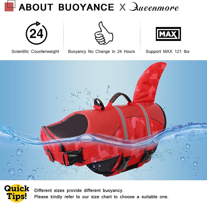 Queenmore Shark Dog Life Jacket, LifeVests for Boating, High Buoyant Dog Life Vest for Swimming, Adjustable Easy On Pet Jackets for Small, Medium, Large Dogs (Red Triangle,L)