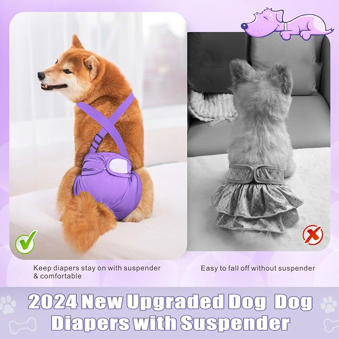 Idepet Female Dog Diapers with Suspender 3 Pack Washable Reusable Doggie Diapers for Small Medium Female Dog in Heat Period Cycle Urinary Incontinence Training, Black+Red+Purple L