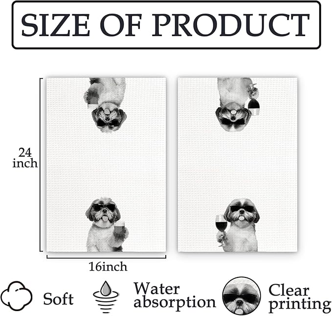 Shih Tzu Gifts Wine Kitchen Towels Set of 2, Gifts for Shih Tzu Dog Wine Lovers Decorative Hand Dish Towel for Kitchen Home Bar, Funny Shihtzu Beer Lover Home Bar Cart Decor(16x24 Inch)