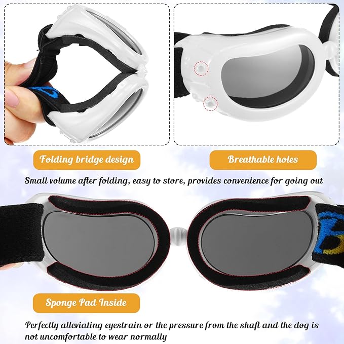 Frienda Dog Helmet and Goggles, UV Protection Doggy Sunglasses and 4 Inch Padded Puppy Motorcycle Helmet Adorable Dog Goggles with Adjustable Belt for Small Dogs Puppy Riding(White,S)