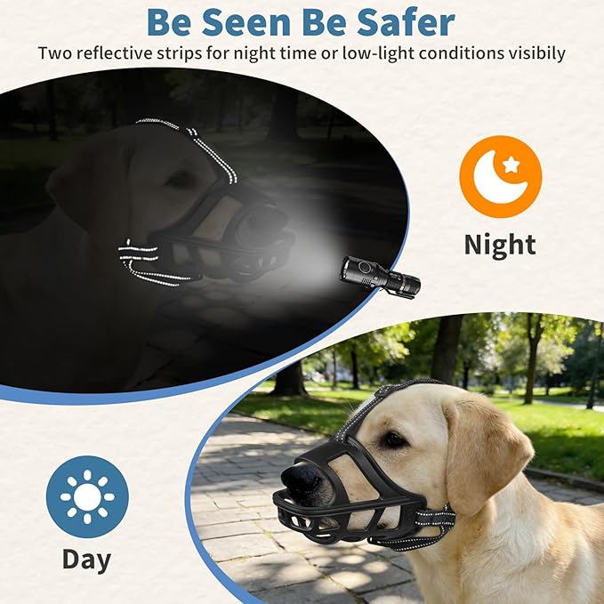 BARKLESS Dog Basket Muzzle for Medium & Large Dogs, Humane Cage Muzzle Prevent Biting Scavenging, Breathable Open Front Mouth Cover with Reflective Strap for Training, Walking Vet Visits (Black, M)