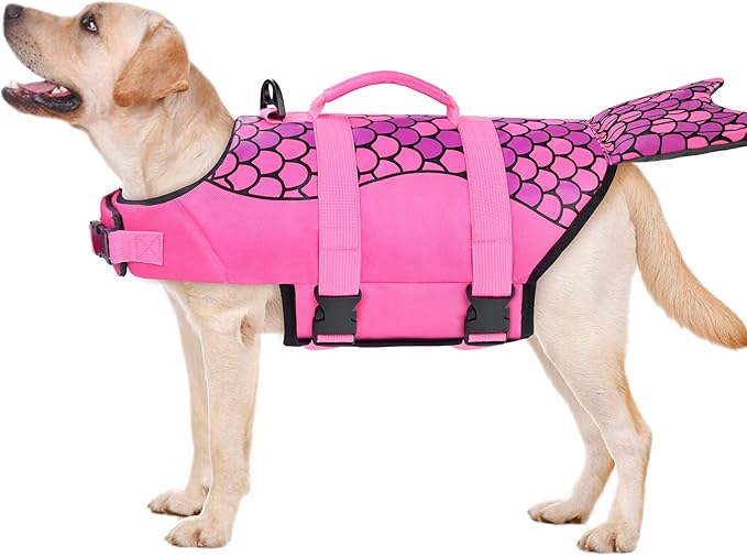 Malier Dog Life Jacket, Ripstop Dog Life Vest with High Buoyancy for Swimming Boating, High Visibility Shark Puupy Lifesaver for Small Medium Large Dogs (Pink #1, X-Large)
