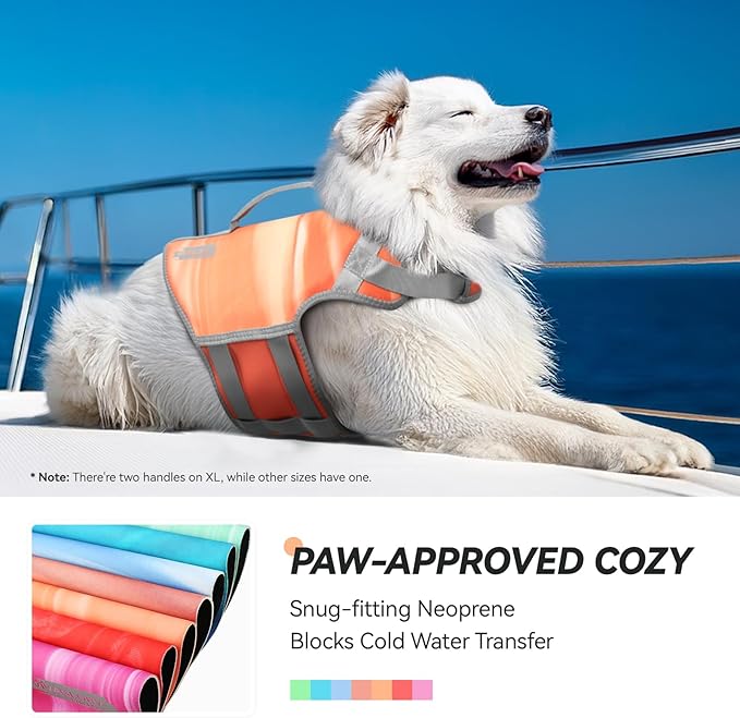 VIVAGLORY Neoprene Dog Life Vest, Dog Life Jacket for Swimming & Boating, Lightweight & Buoyancy for Puppy Doggy, Swimming Vest with Handle, L, Orange Sunset