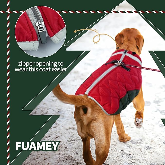 FUAMEY Dog Coat for Large Dogs,Waterproof Dog Winter Jacket with Harness Built in Puppy Cold Weather Coats Reflective Pet Vest with Zipper Warm Fleece Dogs Snowsuit Windproof XXXL