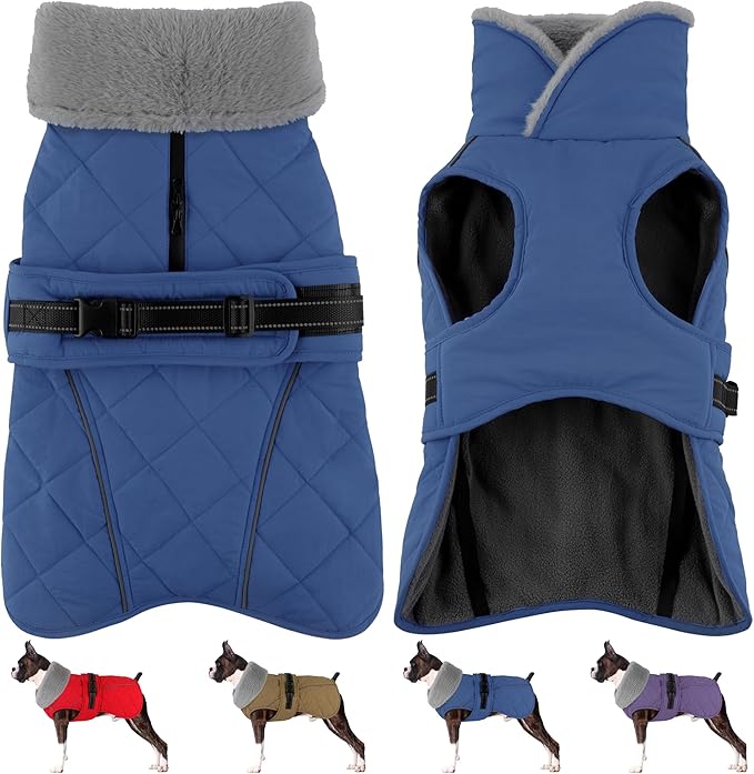 Dog Coat, Waterproof Dog Winter Jacket with Adjustable Buckle, Reflective Turtleneck Pet Snow Vest Warm Fleece Sweater for Small Medium Large Dogs - Blue, L