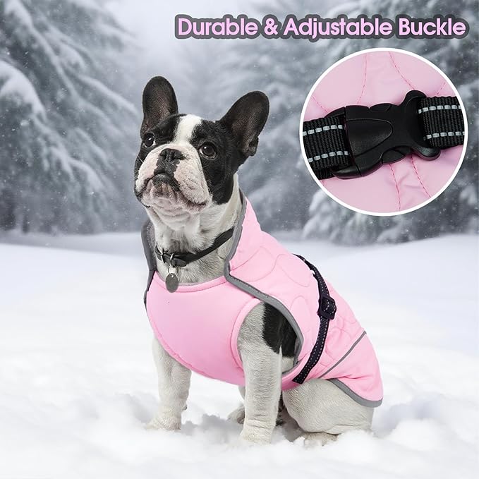 IDOMIK Dog Winter Jacket, Adjustable Waterproof Dog Warm Coat with Fleece Lining, Turtleneck Windproof Cold Weather Coats for Winter, Reflective Warm Snow Jacket for Border Collie Husky,Pink,L