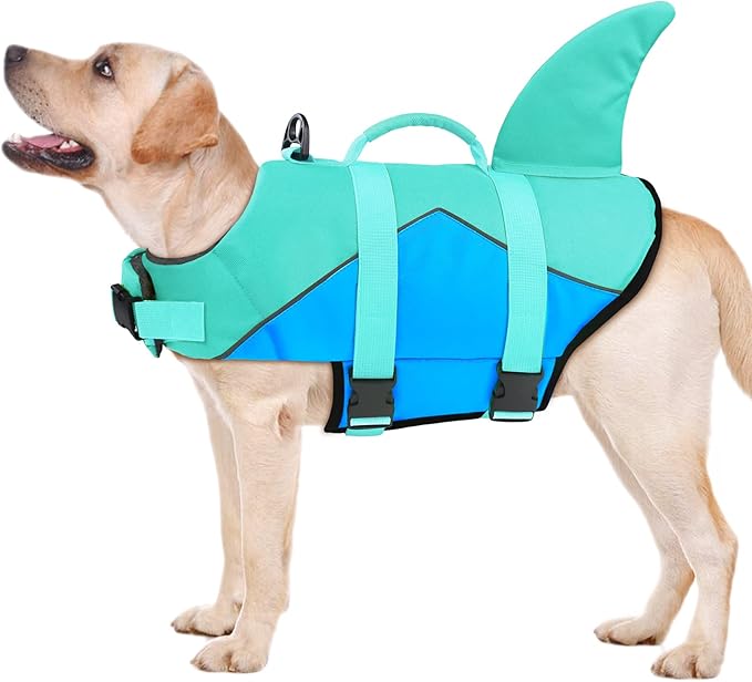 Malier Dog Life Jacket, Ripstop Dog Life Vest with High Buoyancy for Swimming Boating, High Visibility Shark Puupy Lifesaver for Small Medium Large Dogs (Pure Blue, Medium)
