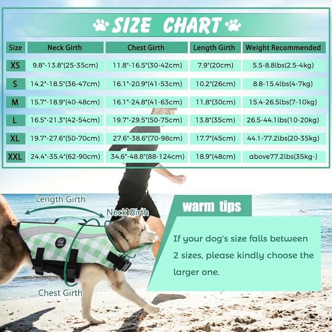 EMUST Life Vests for Dogs, Lightweight Small/Medium/Large Dog Life Preserver for Swimming/Boat/Water, Turquoise Check, XL