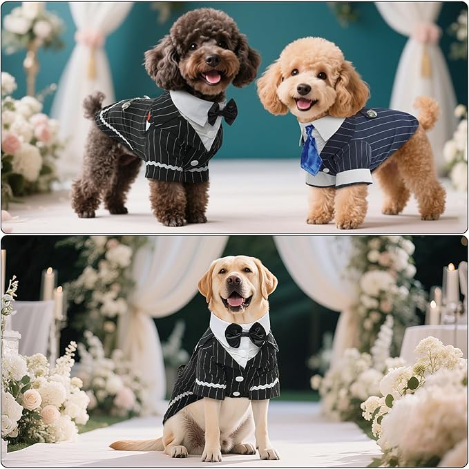 DENTRUN Dog Tuxedo Suit with Bow Tie - Formal Black & White Striped Pet Costume Shirt, Elegant Wedding Outfit Birthday Party Attire for Maltese Dachshund Corgi Beagle Medium Large Dogs, L