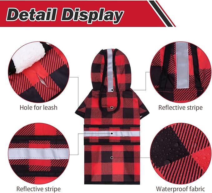 KOOLTAIL Winter Dog Raincoat Hooded Slicker Poncho with Leash Hole, Thick Fleece Rain Coats for Small Medium Dogs, Windproof Plush Warm Pet Rain Jacket with Reflective Adjustable Strip,Christmas Red S