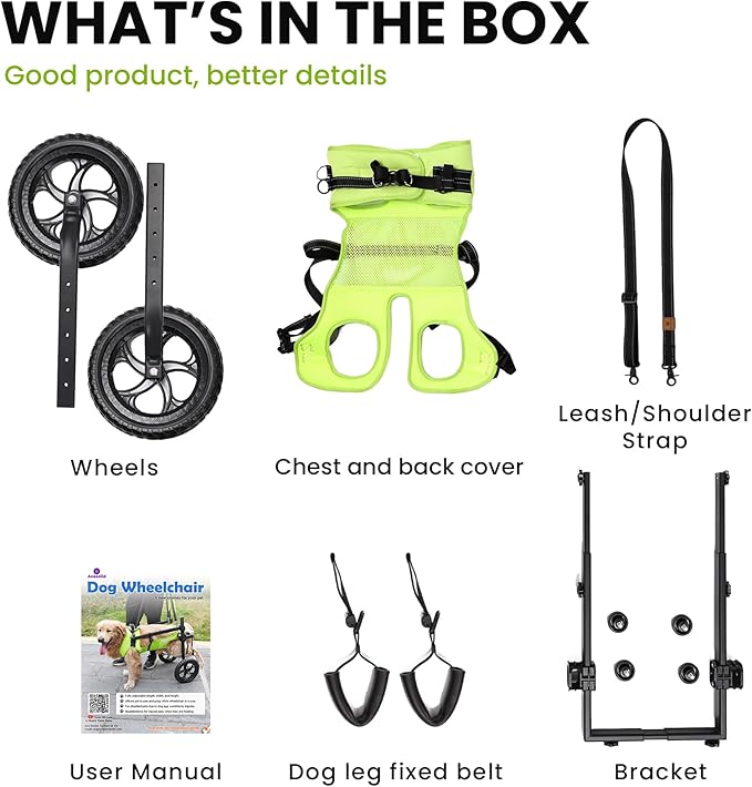 Adjustable Dog Wheelchair for Back Legs, for All Breed Dog - Includes High-Visibility Vest, Leash & Sling Lift, Lightweight Pet Wheelchair for Disabled Hind Legs (XXL, for Large Breed Dog)