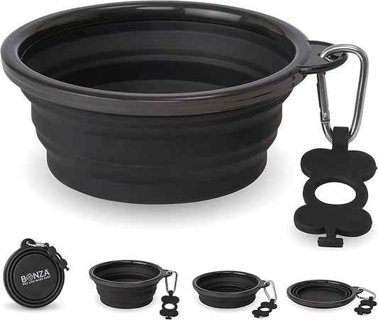 Bonza Collapsible Dog Bowls - Large 33 oz, Dog Travel Accessories, Silicone Portable Dogs Bowl & Water Dish with Reinforced Rim & Carabiner for Hiking, Camping, and Car Trips, Black