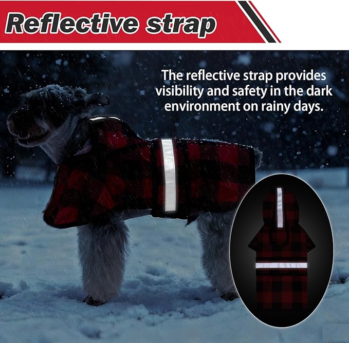 KOOLTAIL Winter Dog Raincoat Hooded Slicker Poncho with Leash Hole, Thick Fleece Rain Coats for Small Medium Dogs, Windproof Plush Warm Pet Rain Jacket with Reflective Adjustable Strip,Christmas Red M