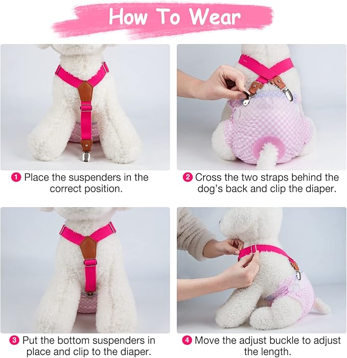 Pet Soft Dog Suspenders 2 Pieces Female Dog Diaper Suspenders for Dogs Diaper Keeper Suspender for Dogs Skirt, Doggy Dress (Black & Pink, S/M)