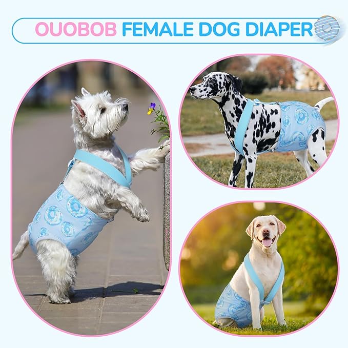 Washable Dog Diapers Female, Reusable Large Female Dog Diaper with Suspender, Highly Absorbent Doggie Diapers in Heat Cycle Period Incontinence, French Bulldog, Shiba Inu (Blue L)